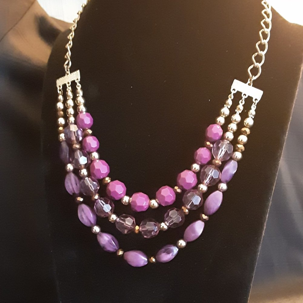 Purple Multi-Strand Beaded Statement Necklace - image 1